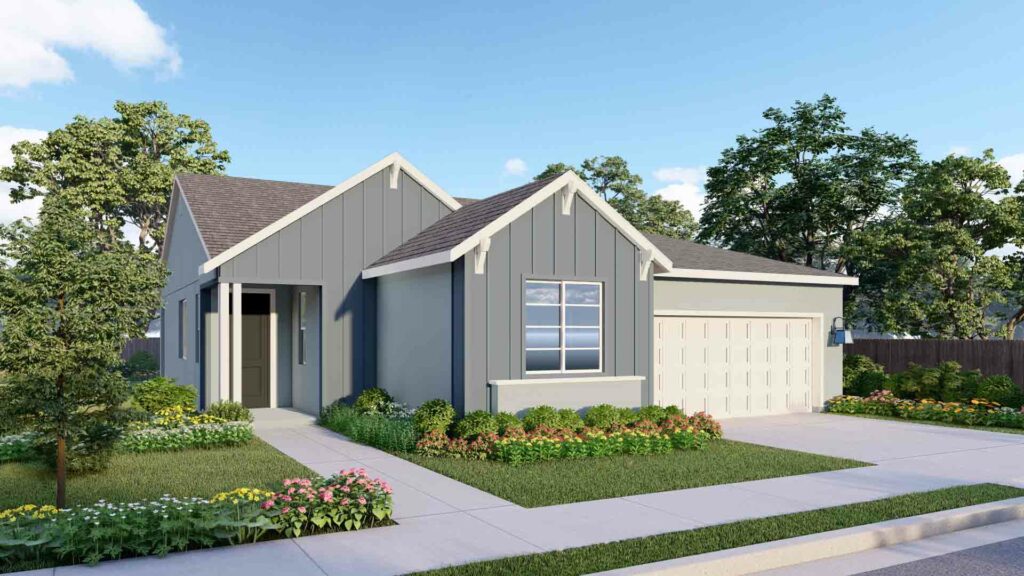 All Charleston elevations are one-story homes. The Modern Farmhouse elevation features trim and details that give it a welcoming farmhouse look. The model pictured has light gray vertical siding with white trim. The garage door is white and has paneling and metal accents that give it an elevated look.