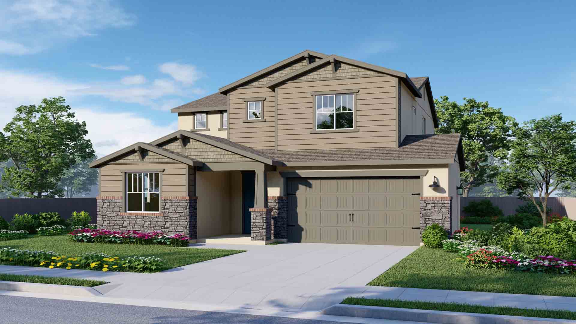 All Elise elevations are two-story homes. The Craftsman elevation features roof detailing that is typical of craftsman-style homes. The model pictured has gray-brown horizontal siding on both the first and second floors. The trim and garage door are also gray-brown. The first floor has decorative stone on the bottom half of the wall. The garage door has paneling and metal accents that give it an elevated look.
